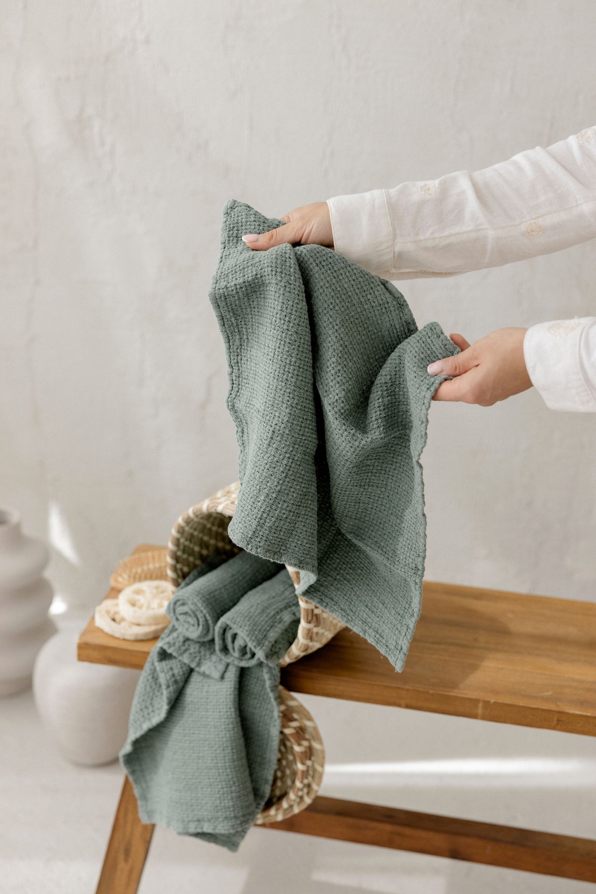 Linen Waffle Bath Towel TW003 in Forest Green colour