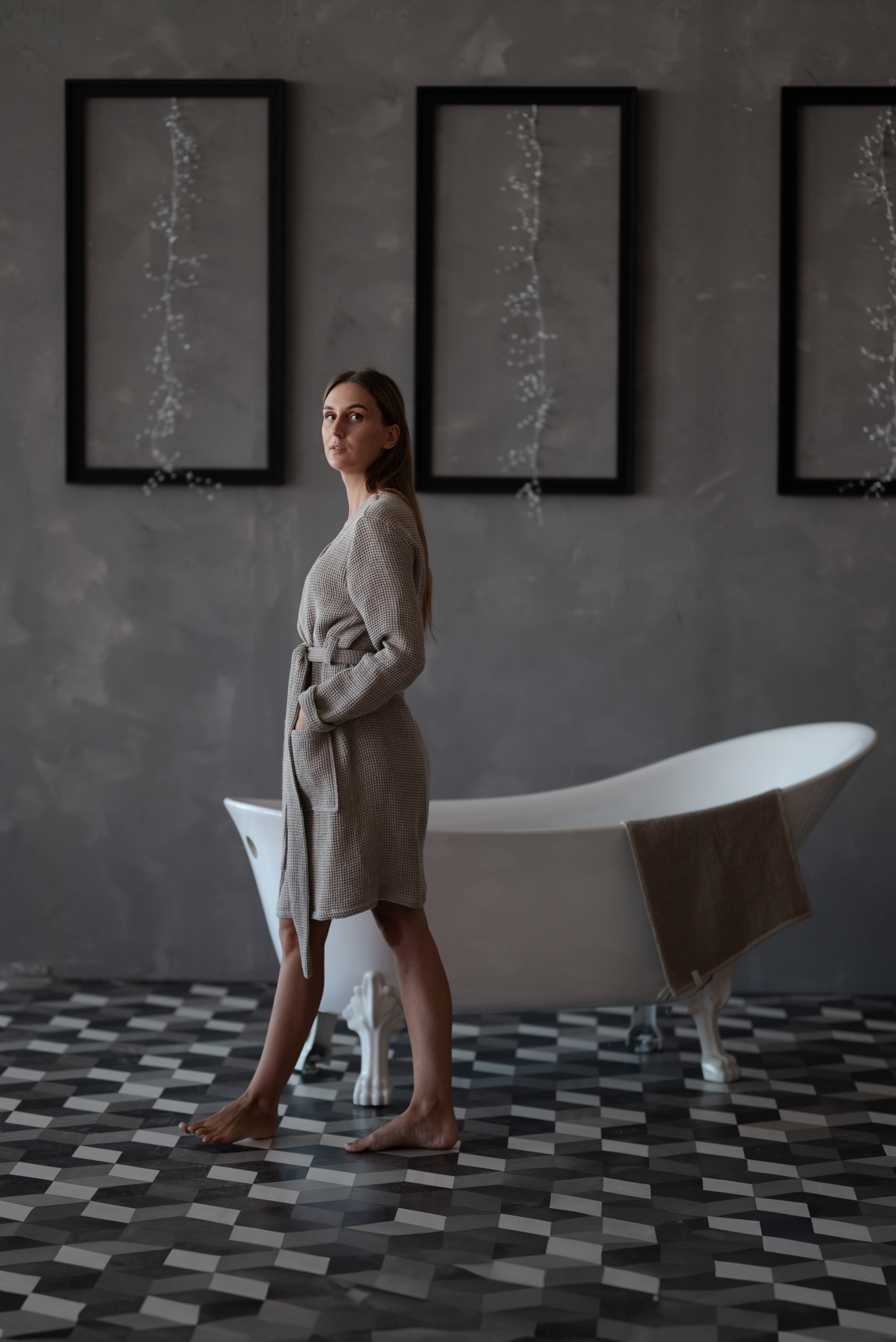 Linen Waffle Bathrobe BW024 in NATURAL