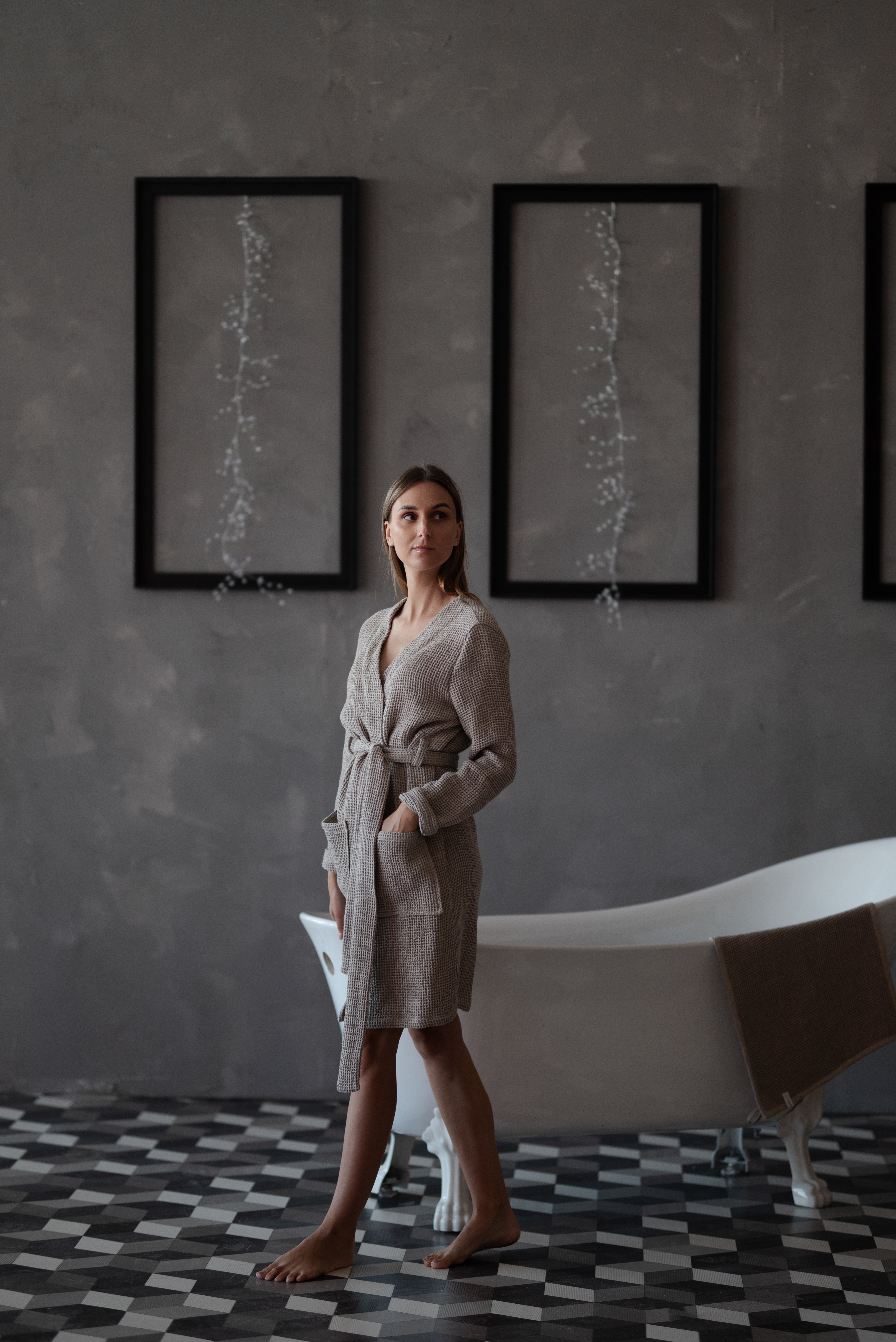Linen Waffle Bathrobe BW024 in NATURAL