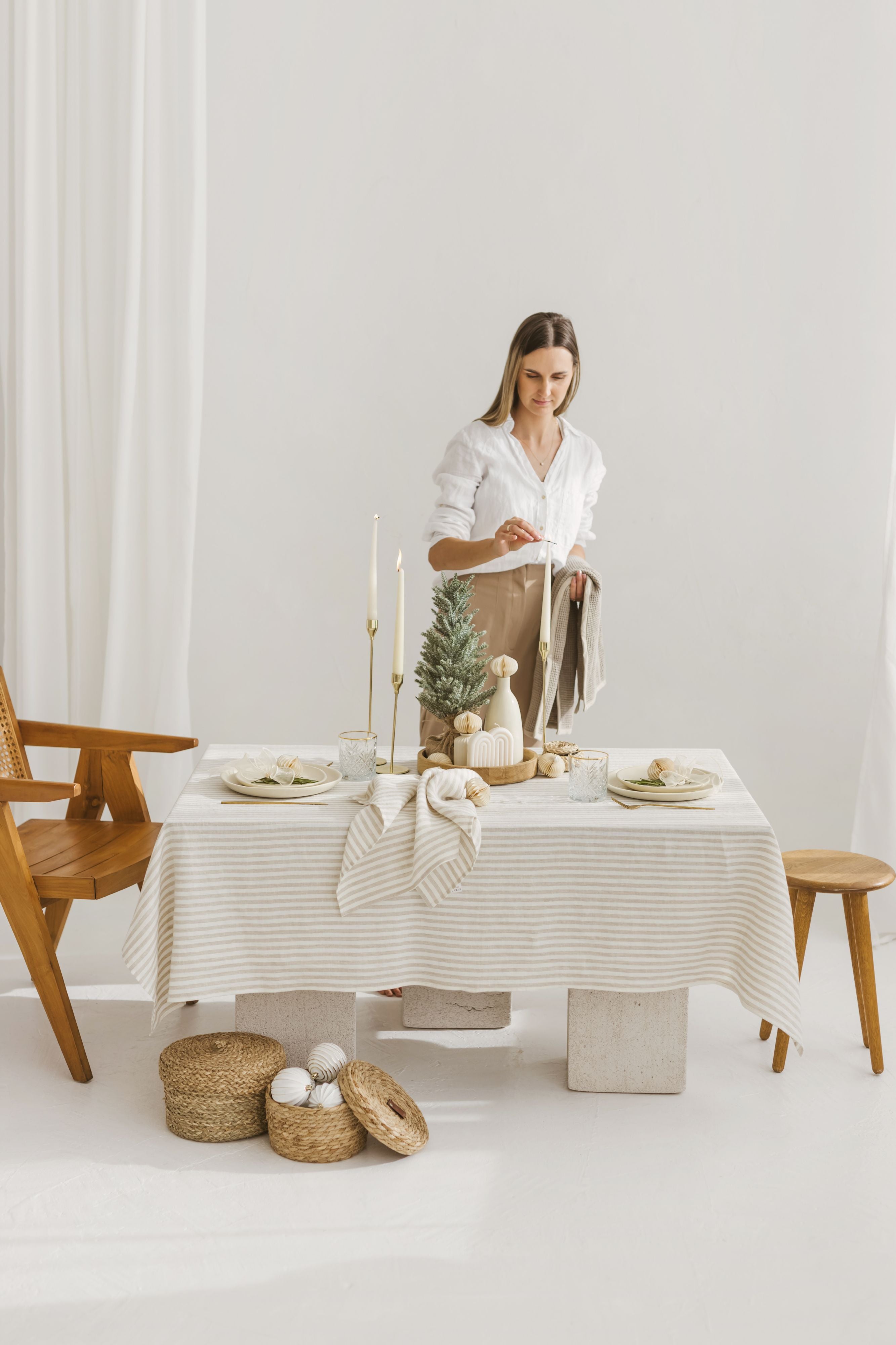Linen Tablecloth TC001  in STRIPED WHITE/NATURAL