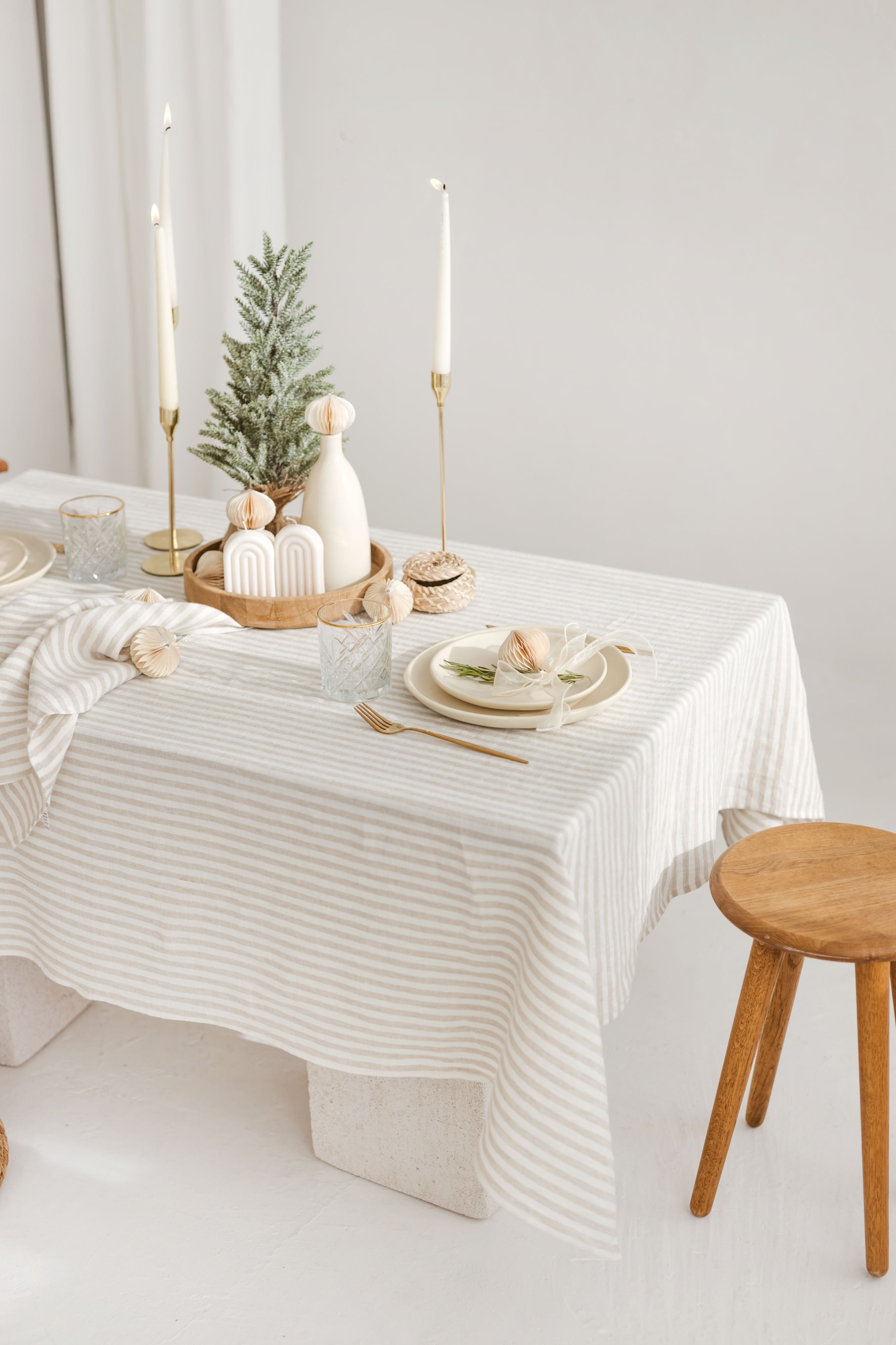 Linen Tablecloth TC001  in STRIPED WHITE/NATURAL