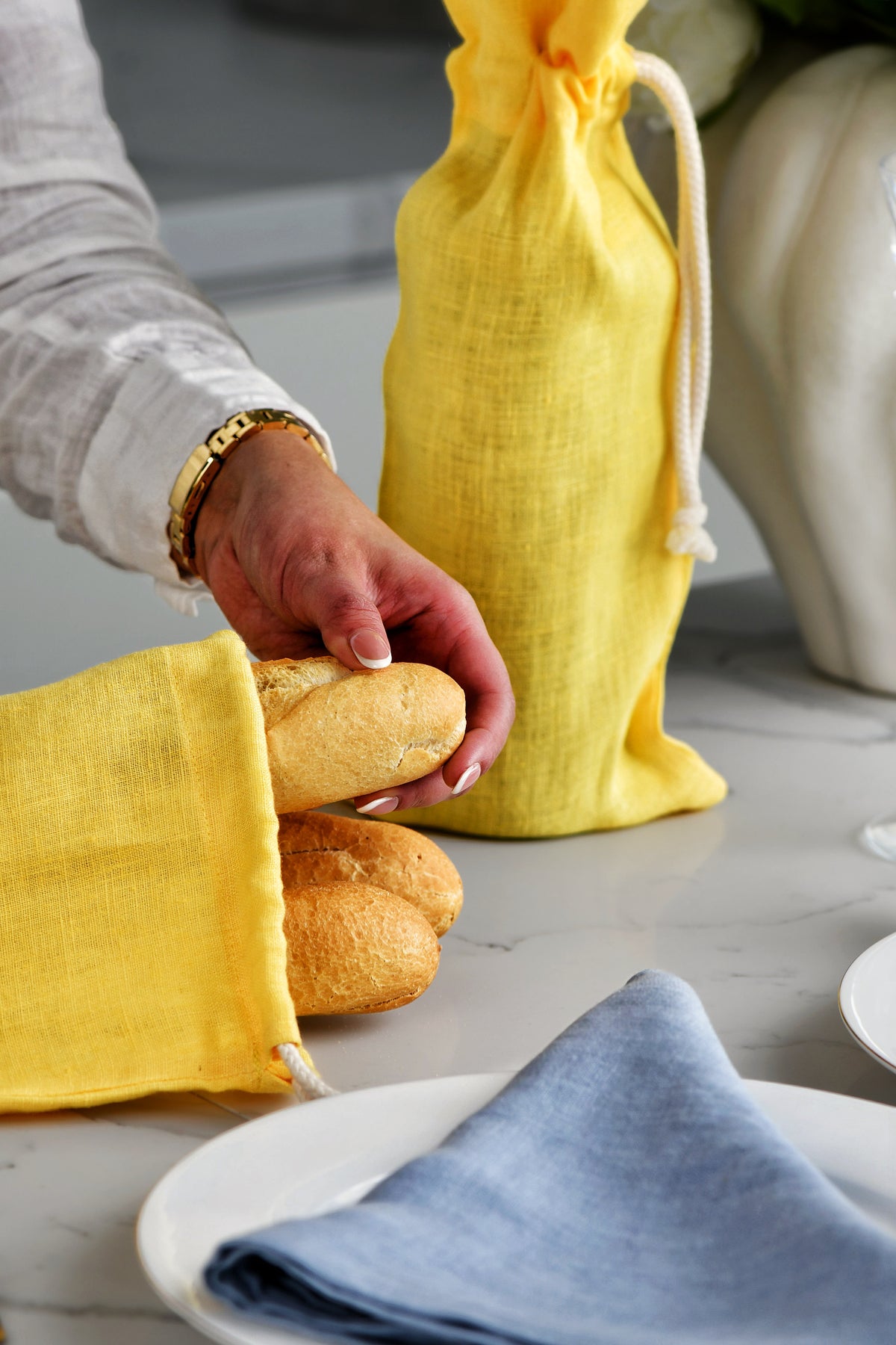 Linen Baguette Bread Bag KB001  in yellow colour (22A)