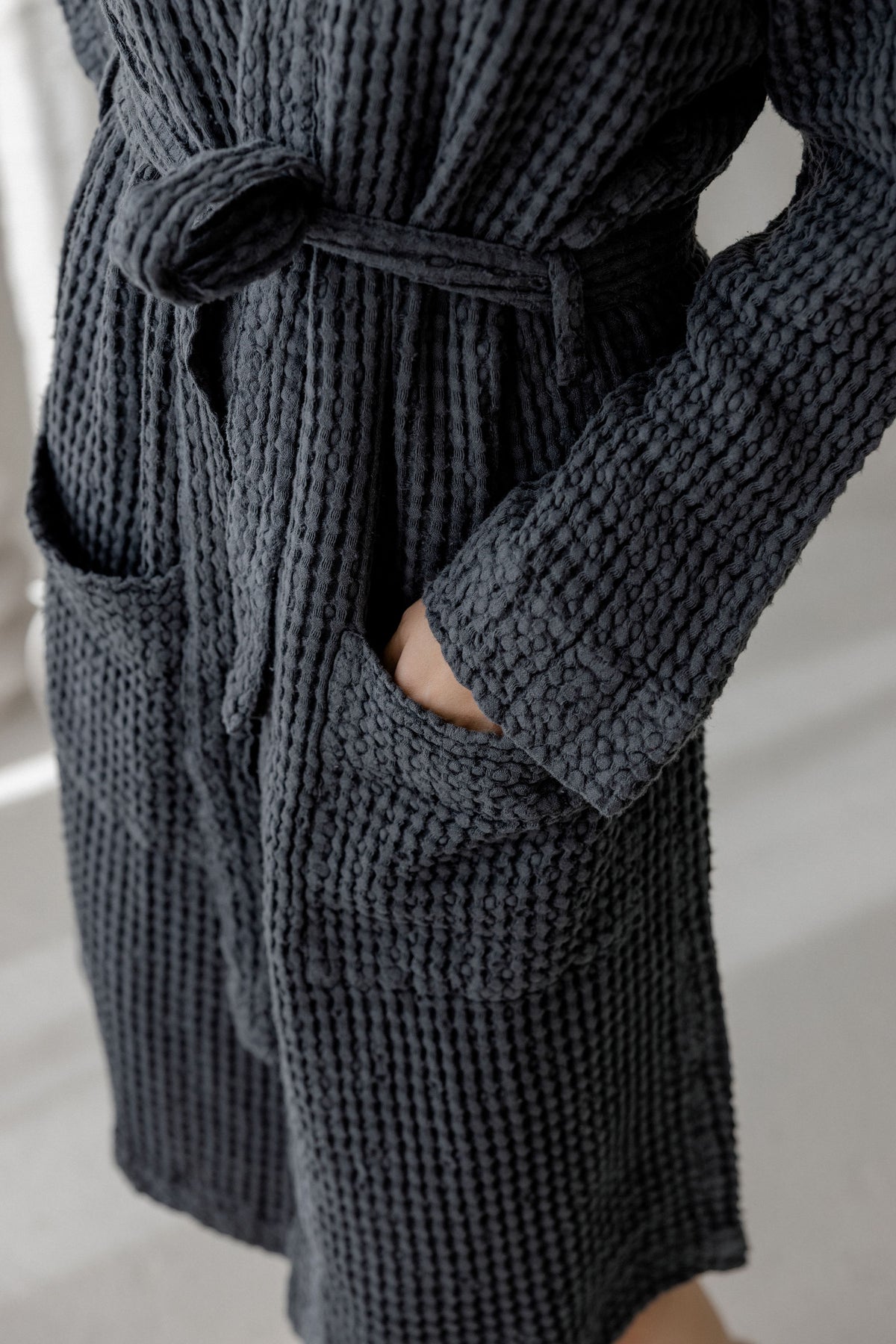 LINEN waffle bathrobe BW001 in charcoal colour