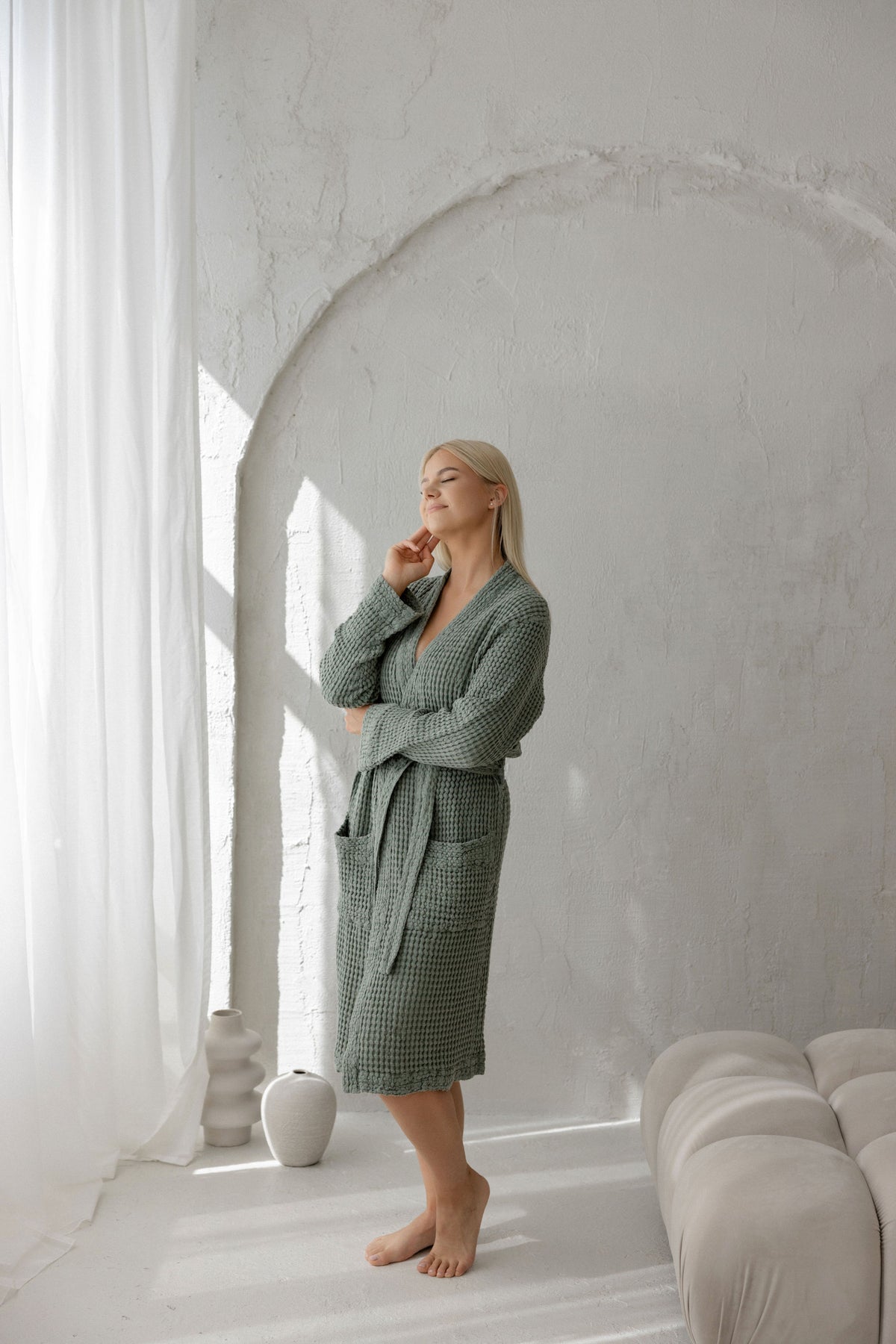 Linen Bathrobe BW001 in mint colour