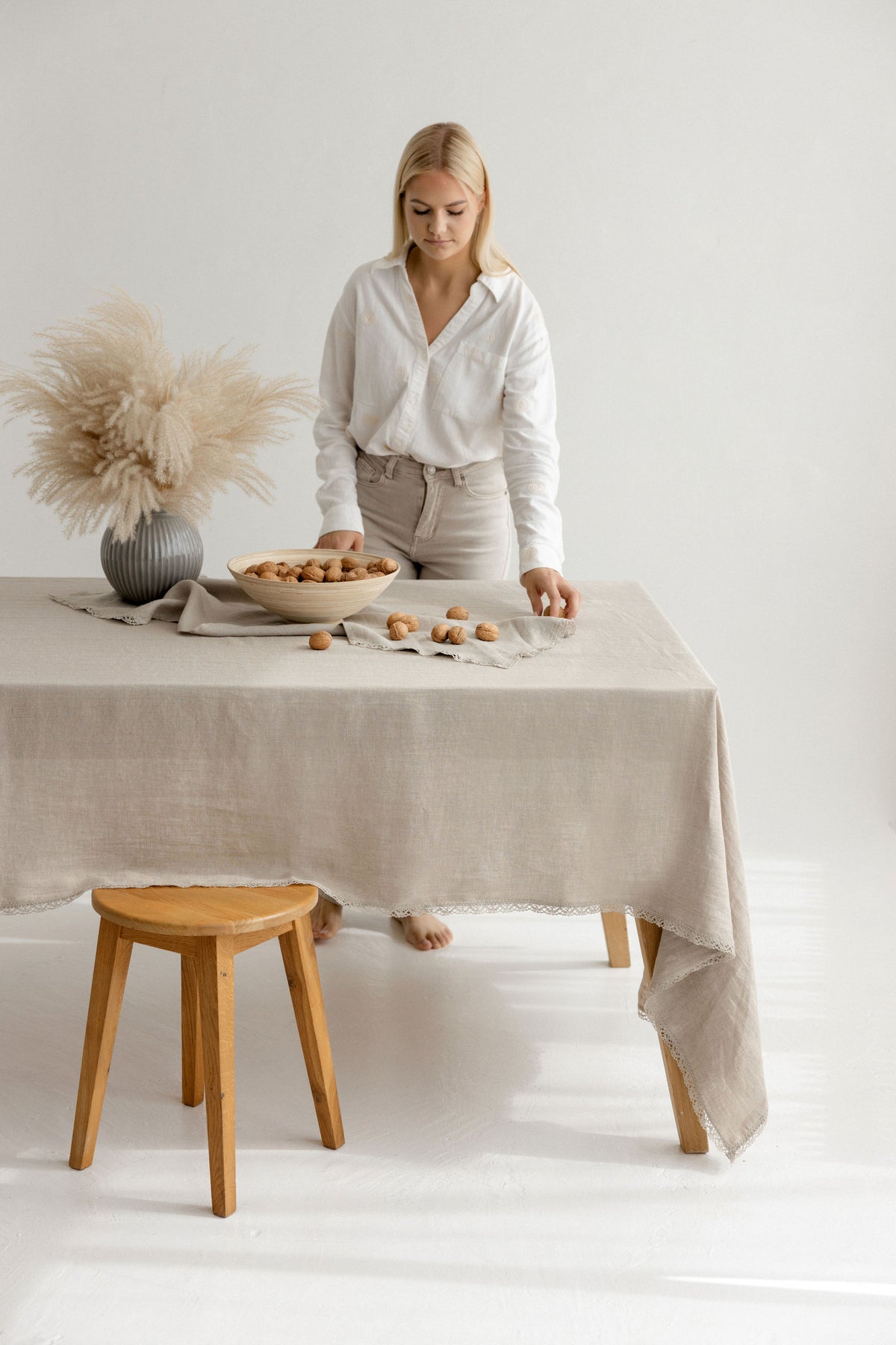 Linen Tablelcoth TC006 with lace IN NATURAL COLOUR
