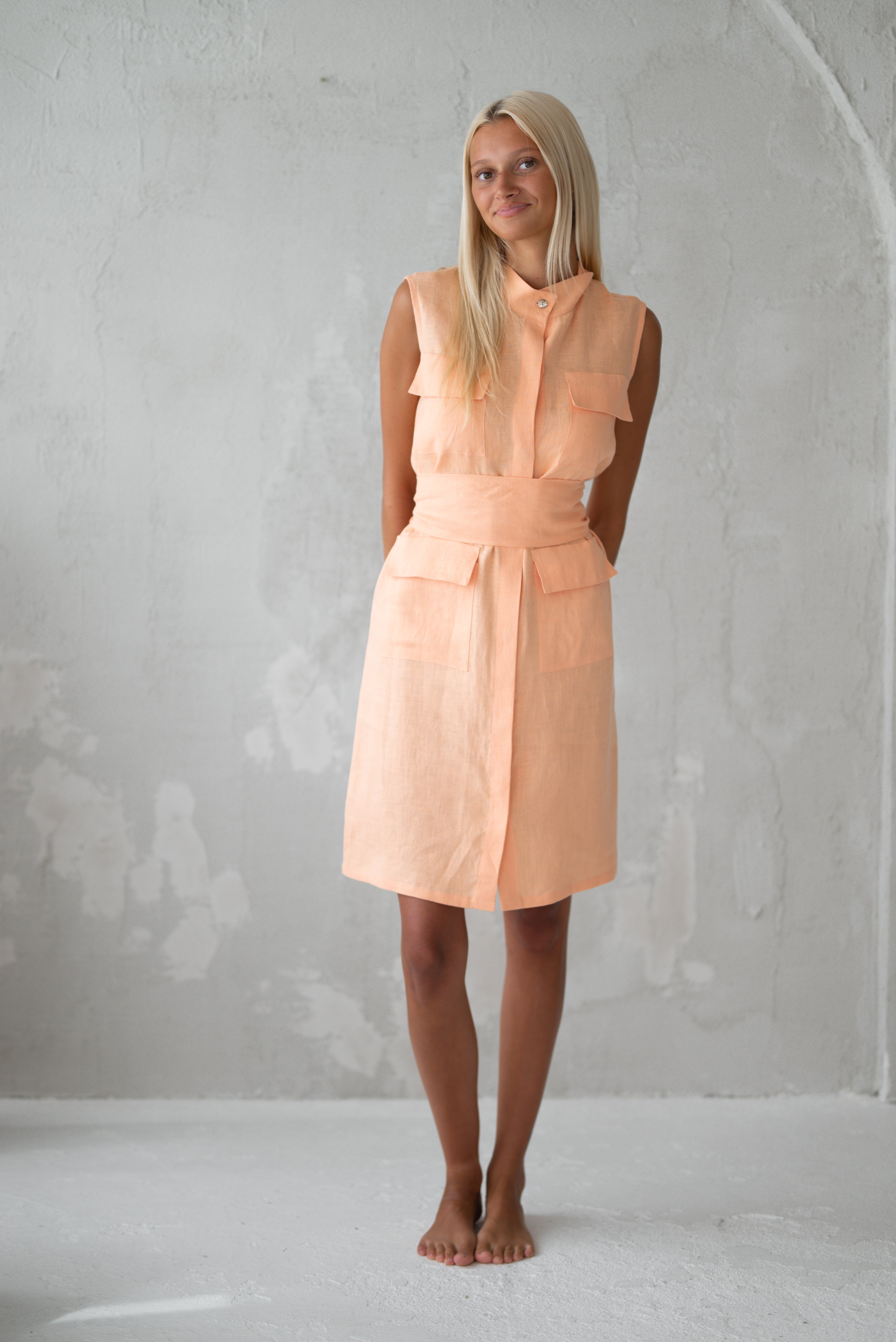 Linen dress CW001 with pockets in PEACH COLOUR (3583)
