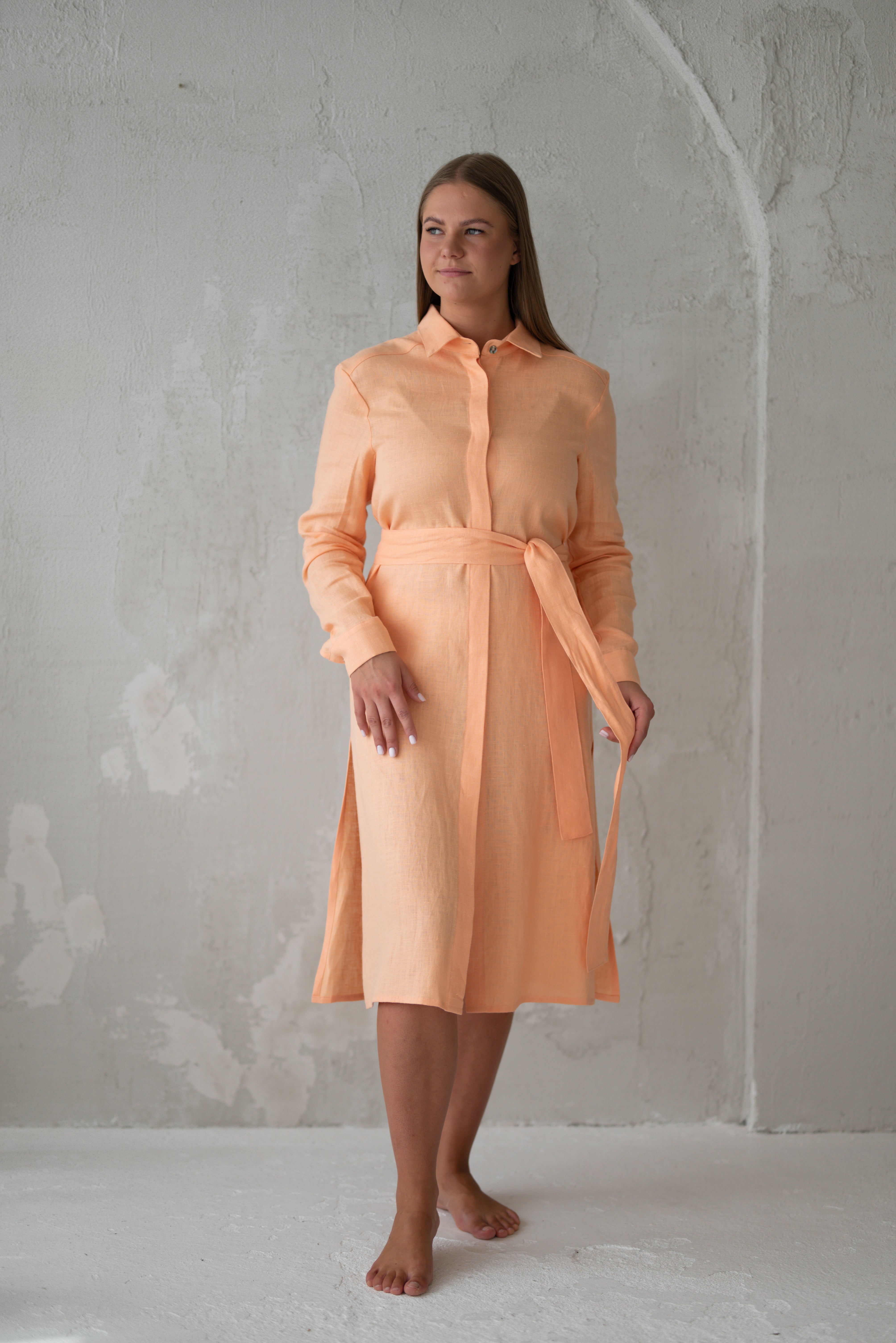 Beach linen tunic/dress CW008 with belt in PEACH COLOUR (3583)
