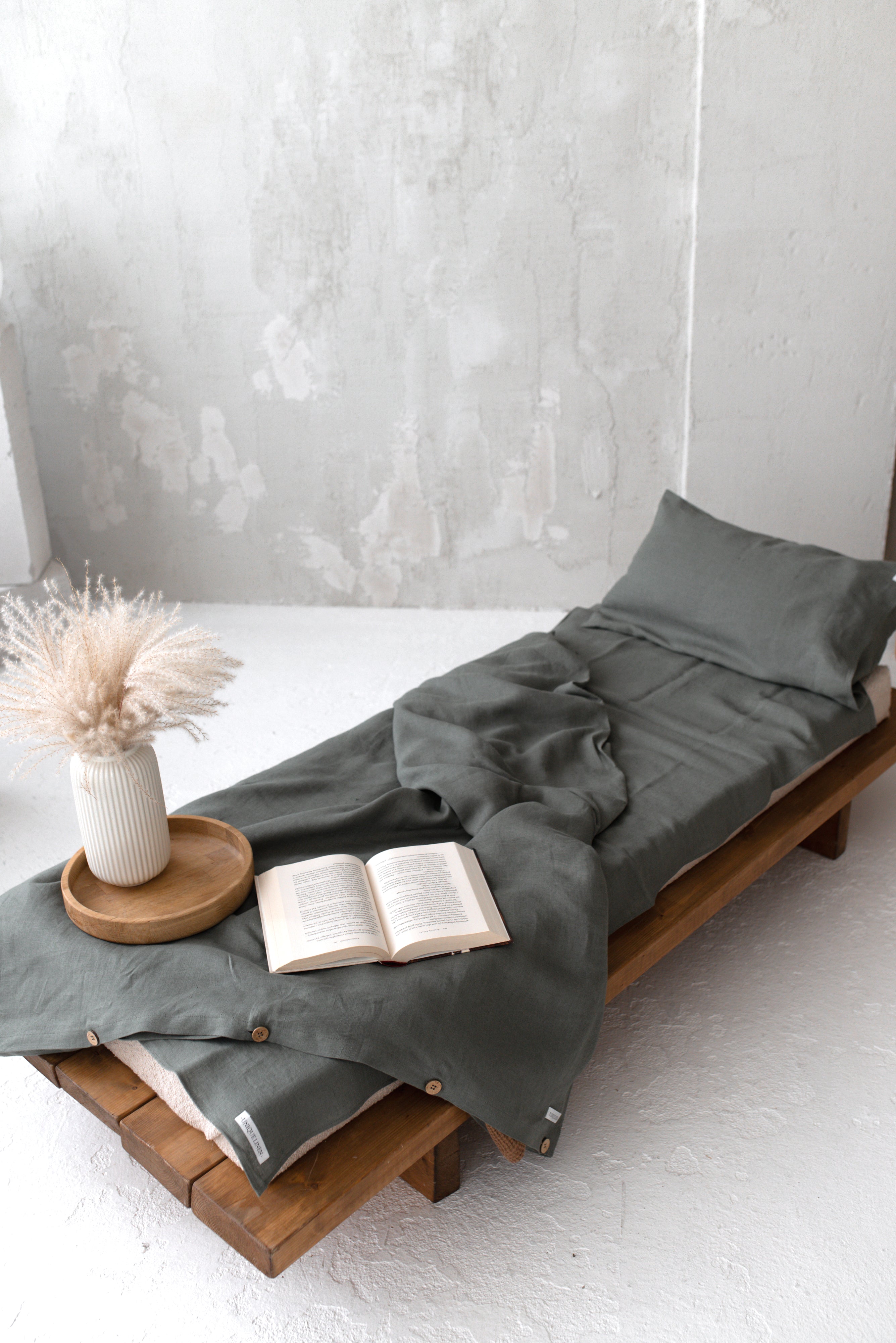 Linen Pillowcase BP003 with coconut buttons in DARK FOREST (2699)
