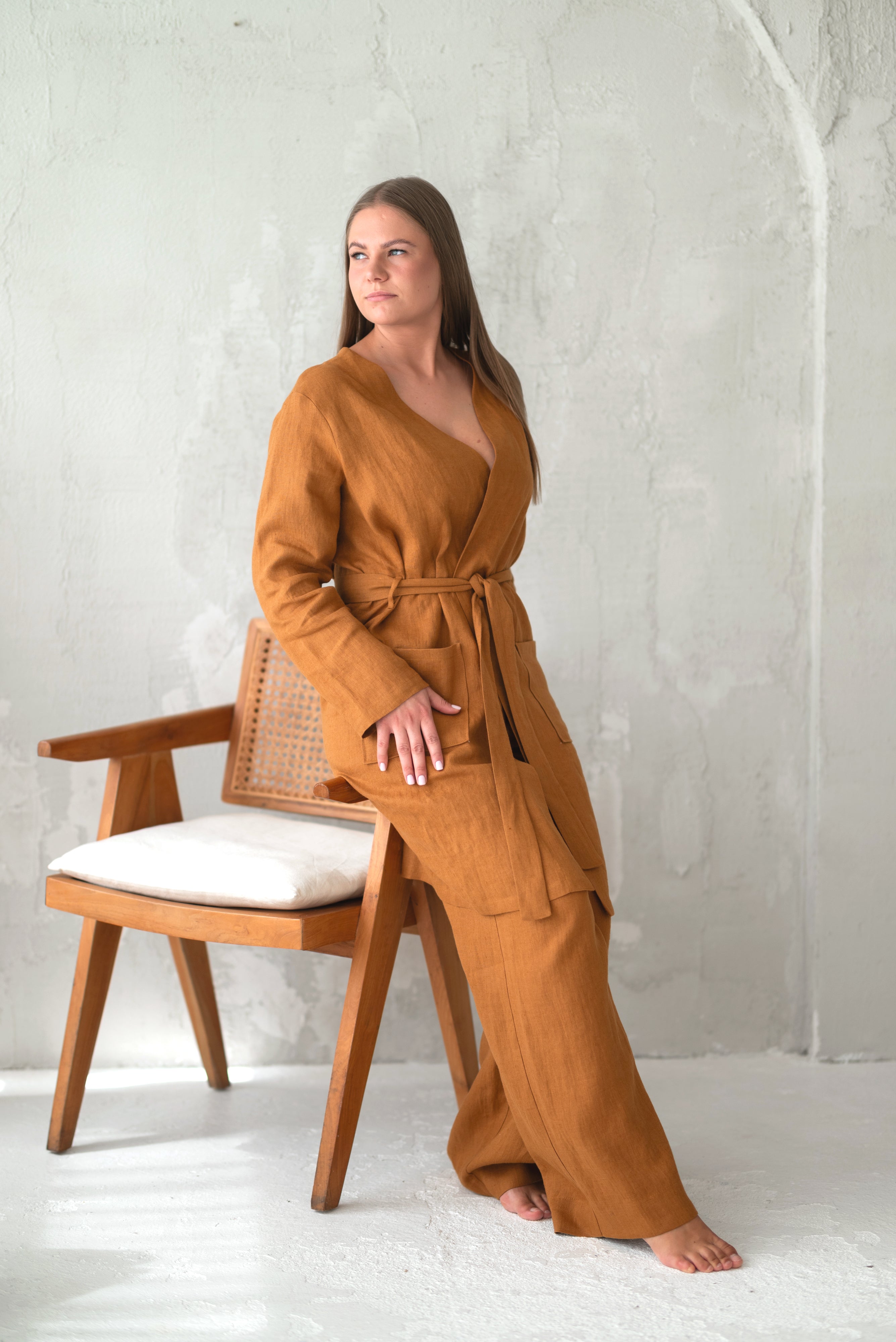 Linen bathrobe BL024 in CINNAMON colour (3330)