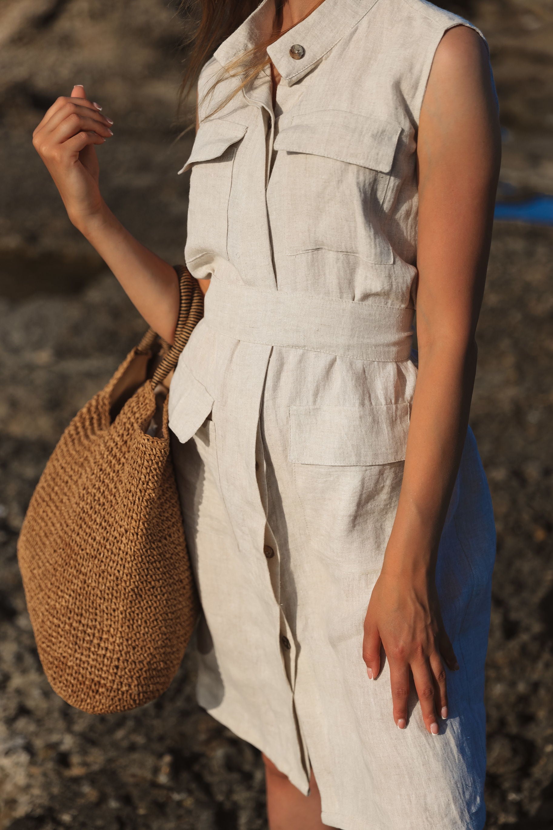 Linen dress AZARIA with pockets in Natural Melange