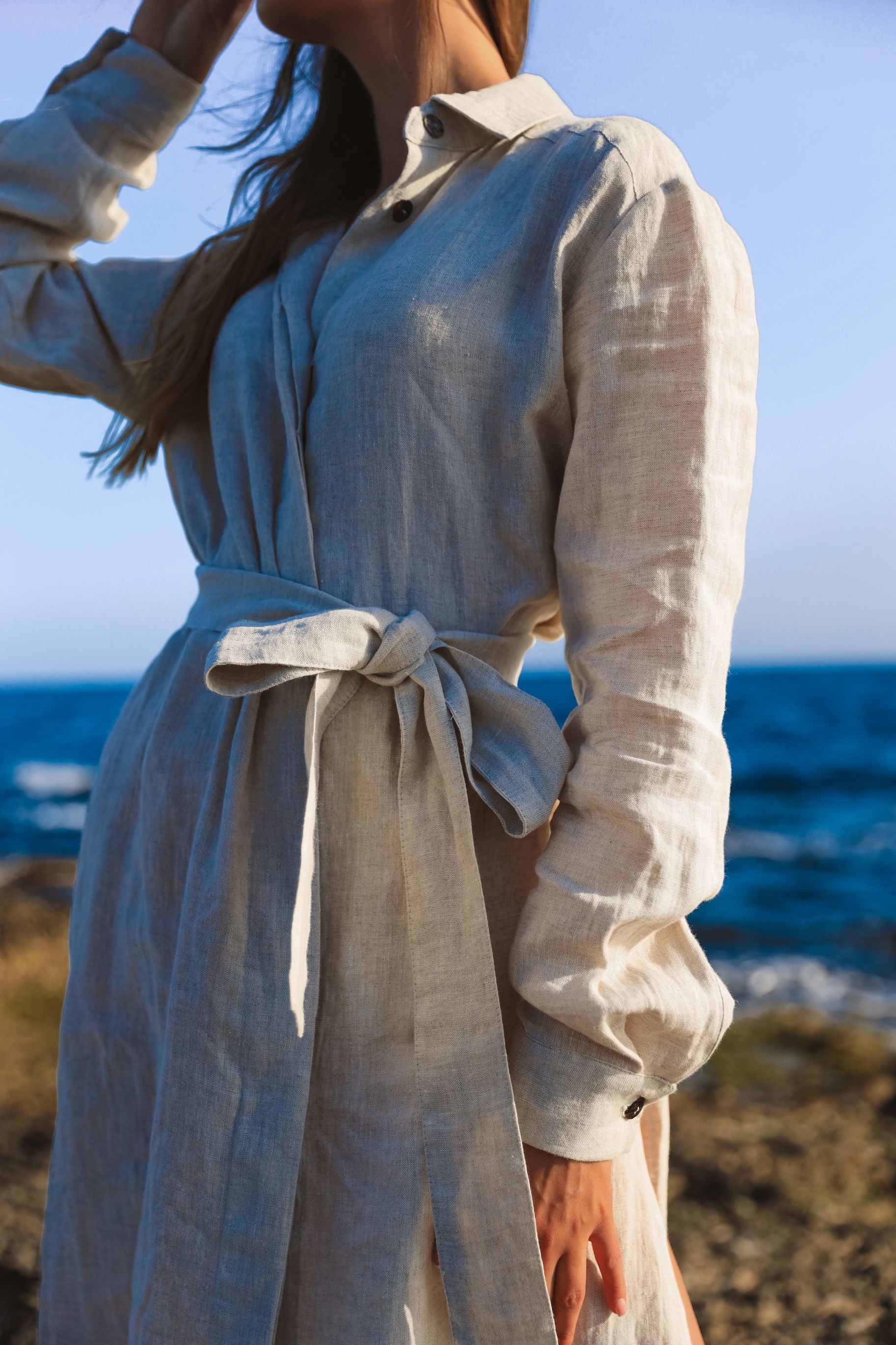 Beach linen tunic/dress CW008 with belt in NATURAL MELANGE COLOUR